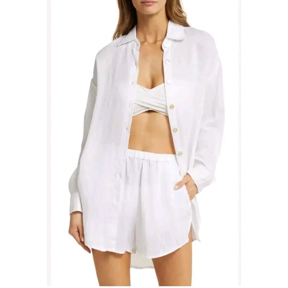 Vitamin A Playa Shirt Women sz Med 100% Linen Tunic in White Lagenlook Coastal